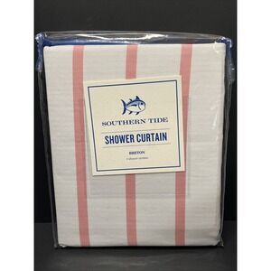 Southern Tide Breton Pink White Stripe Shower Curtain 72x72" Fish Logo Nautical